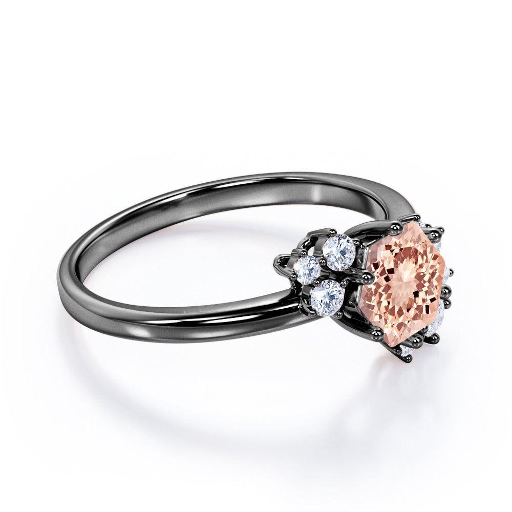 Art deco Inspired 0.65 carat Hexagon shaped Morganite and diamond flower engagement ring in White gold
