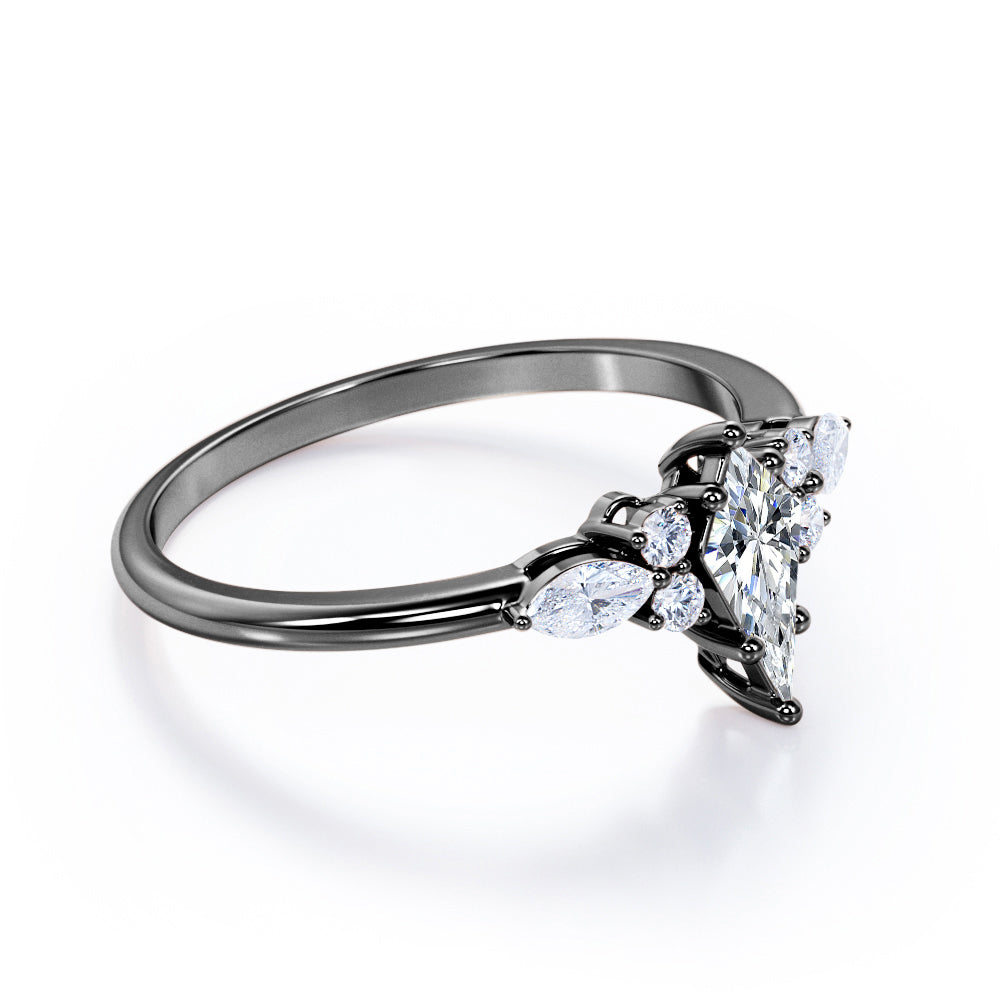 Classic seven stone 1.15 carat Kite shaped Moissanite and diamonds 6 prong setting engagement ring in White gold