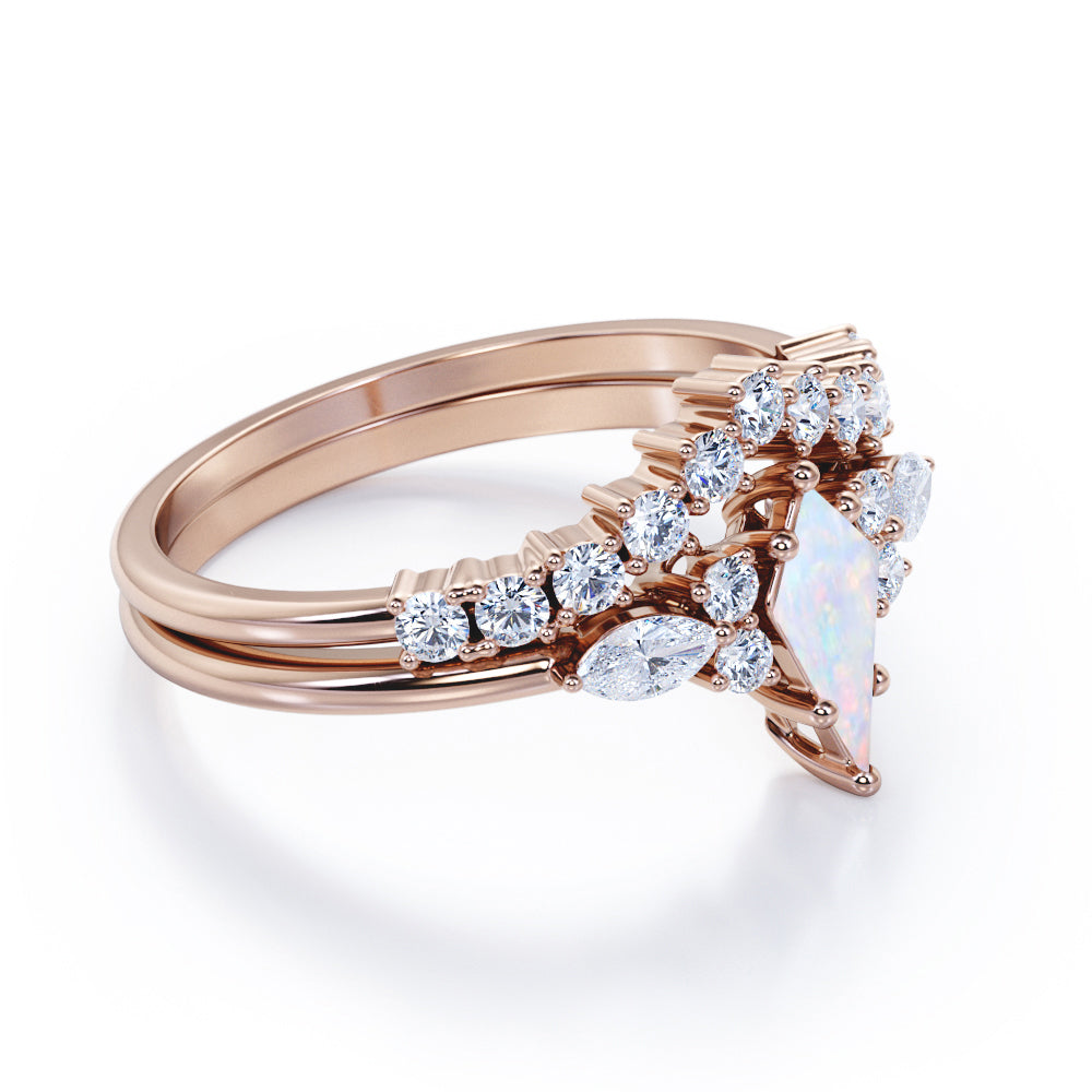 Contoured Bar set 1.2 carat Kite shaped Opal and diamond art deco inspired wedding ring set in White gold