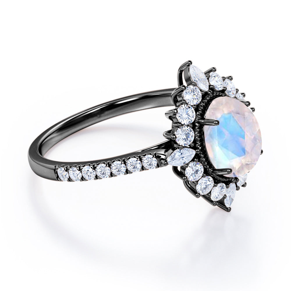 Huge Clustered Halo 1.5 carat Oval cut Moonstone and diamond Beaded eternity engagement ring in Rose gold