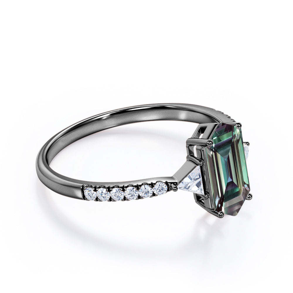 Pave three stone1.25 carat Hexagon shaped Synthetic Alexandrite and diamond trillion engagement ring in White gold