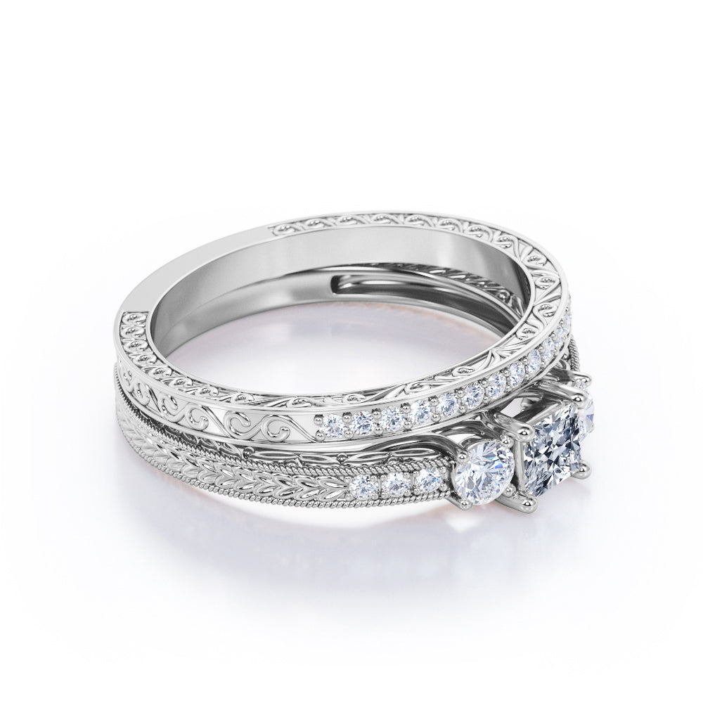 Exquisite trilogy 1.2 carat Princess cut Moissanite and diamond antique filigree wedding ring set for her - Bridal set