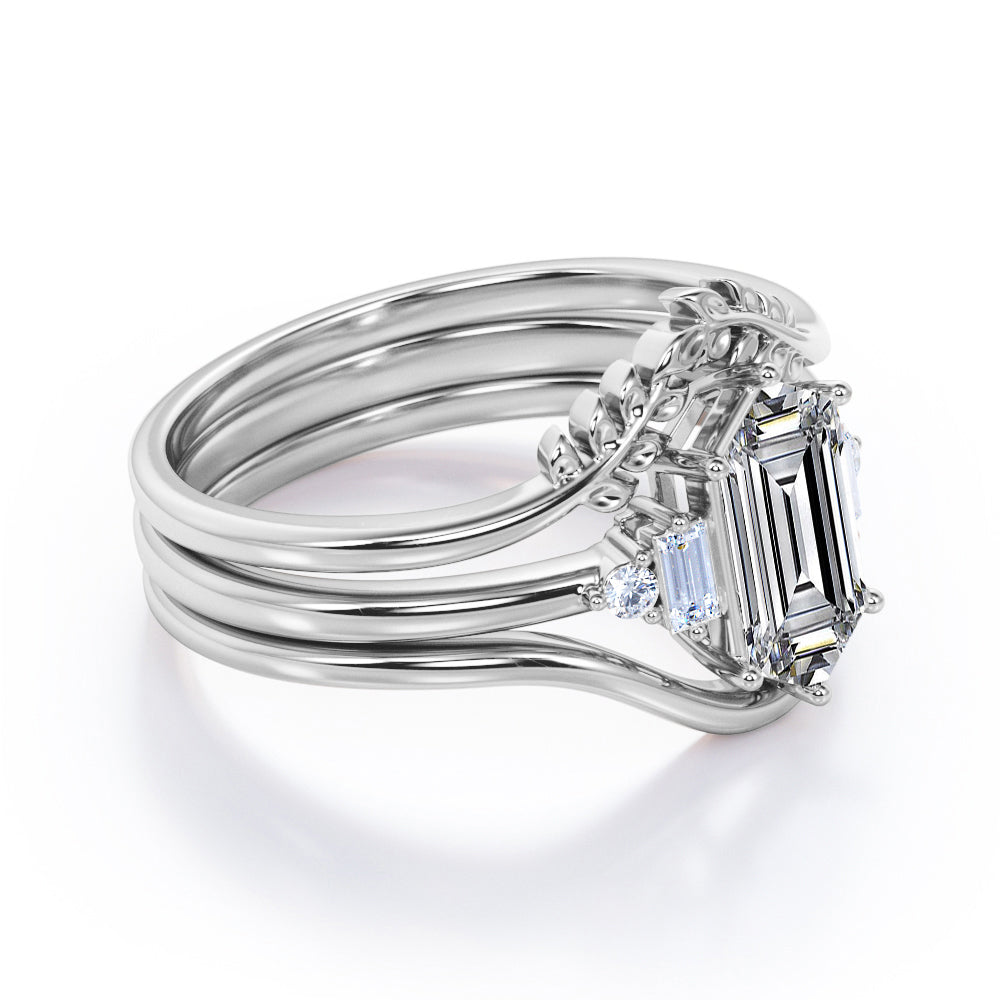 1.1 carat Hexagonal shaped Moissanite and diamond U-shaped Contoured trio wedding ring set in Rose gold