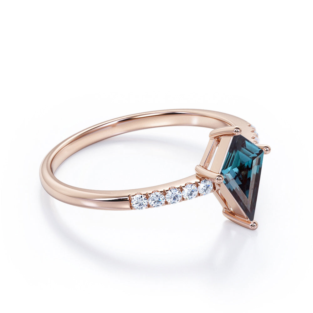 Pave set 1.15 carat Kite shaped Alexandrite and diamond classic vintage engagement ring in Rose gold