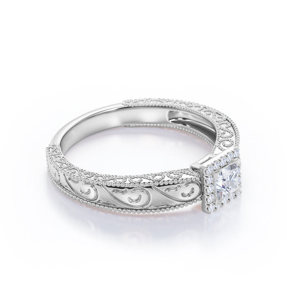 Unique halo 0.4 carat Beveled Edge Princess cut diamond filigree solitaire engagement ring in White gold