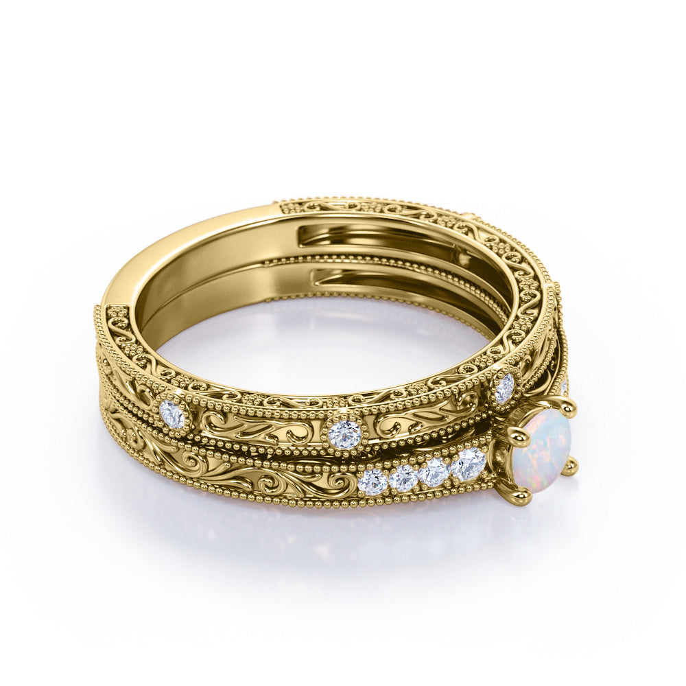 Authentic art deco 0.45 carat Round cut Ethiopian Opal and diamond Edwardian filigree Bridal set in Rose gold