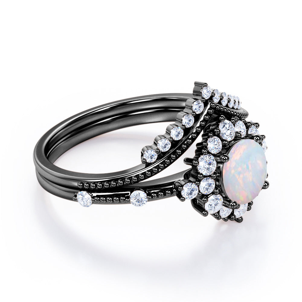 Engraved Chevron 1.35 carat Round cut Ethiopian Opal and diamond vintage halo wedding ring set for women in White gold