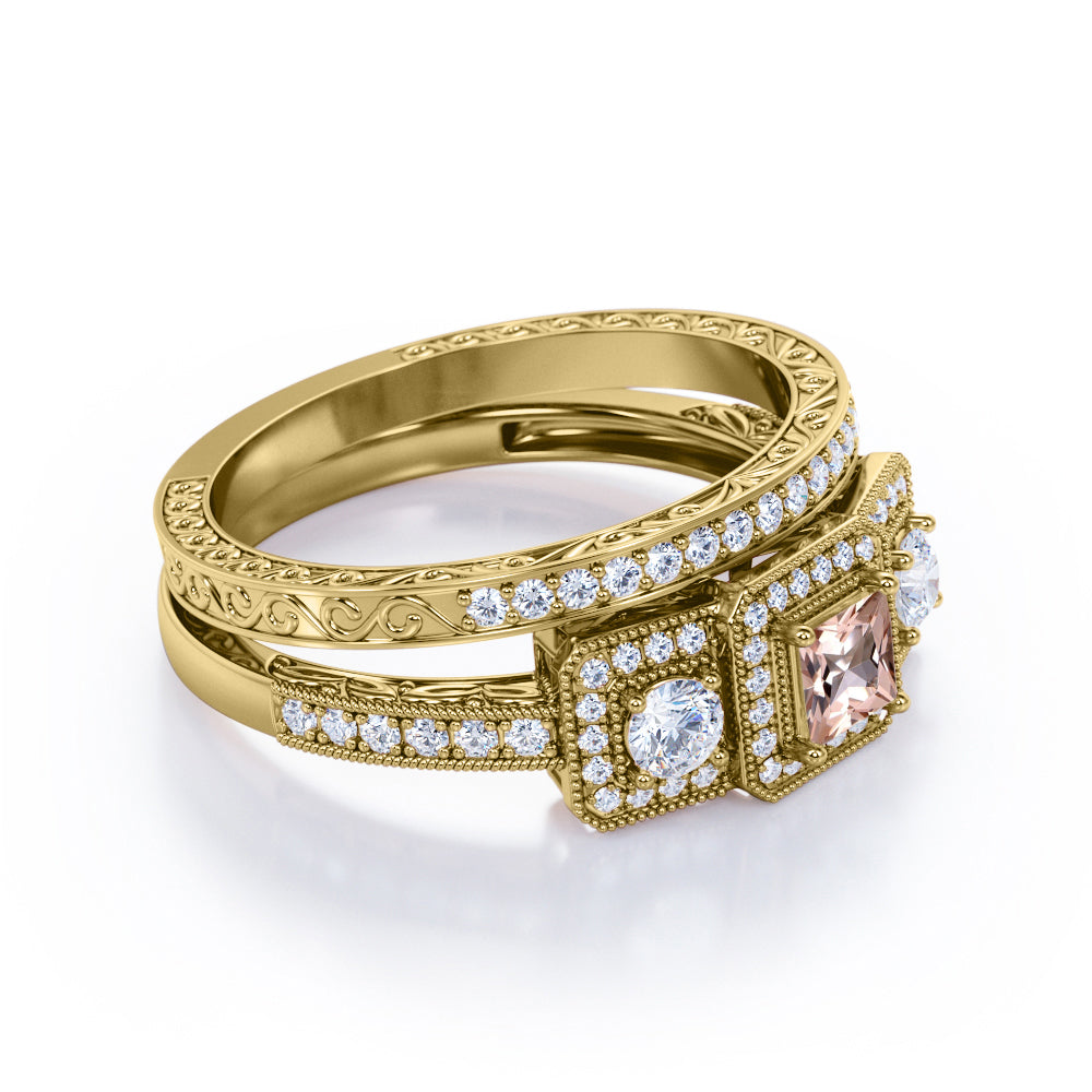 Unique Triple Halo 1.7 carat Princess cut Morganite and round diamond - Filigree and Milgrain - art deco wedding ring set in White gold