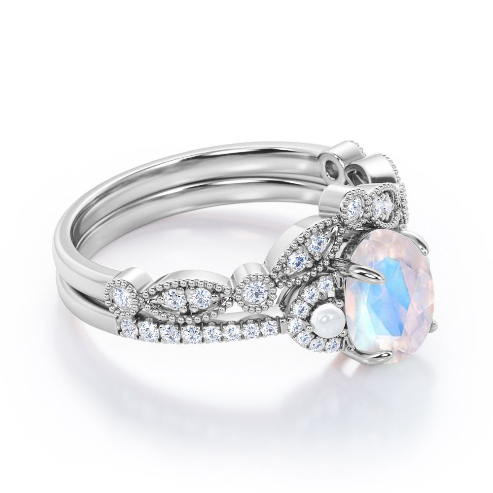 Chevron Milgrain 1.75 carat Oval cut Blue Moonstone, diamond and freshwater pearl wedding ring set for women in Rose gold