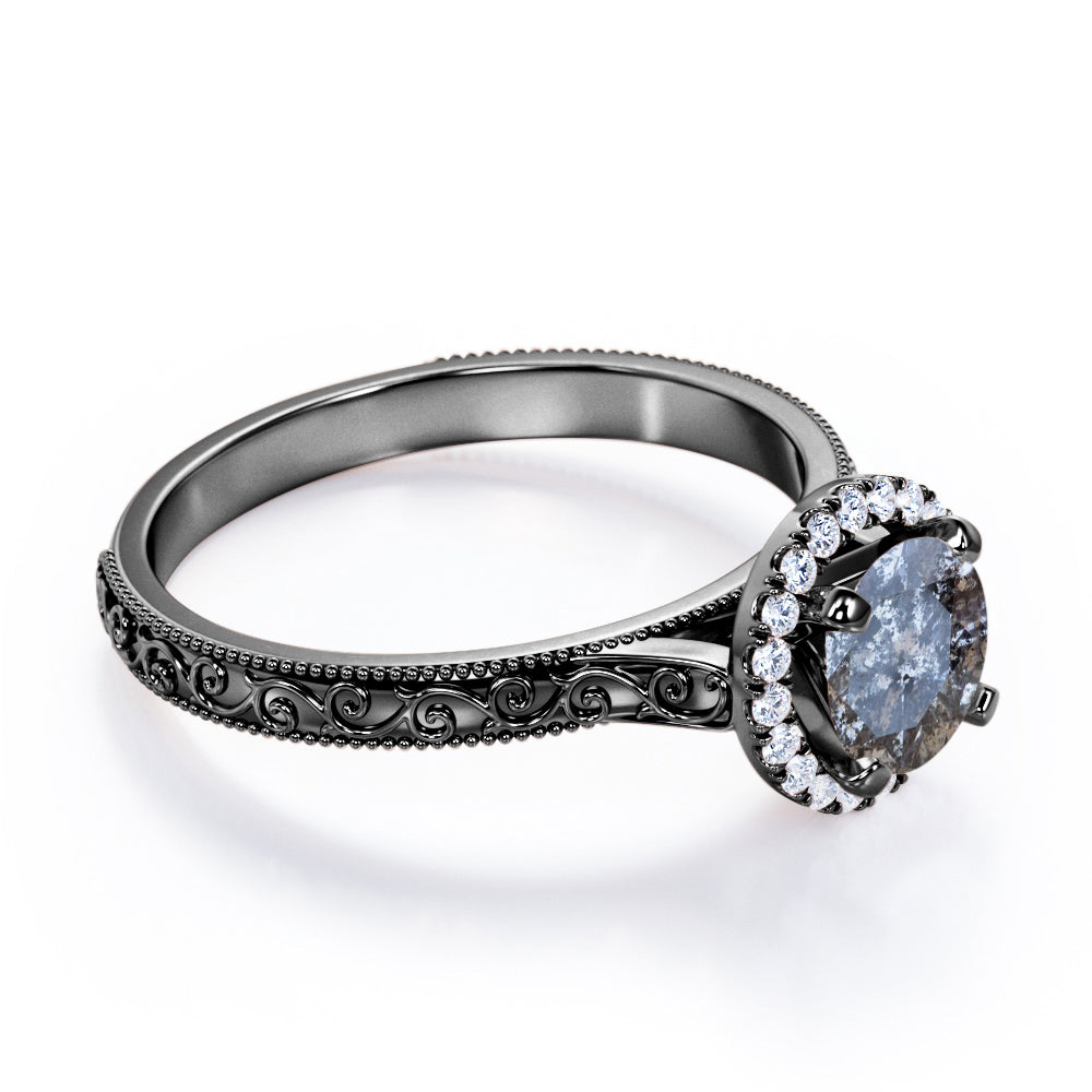 Floral filigree 0.65 carat Round cut Salt and pepper diamond and White diamond unique halo engagement ring in white gold