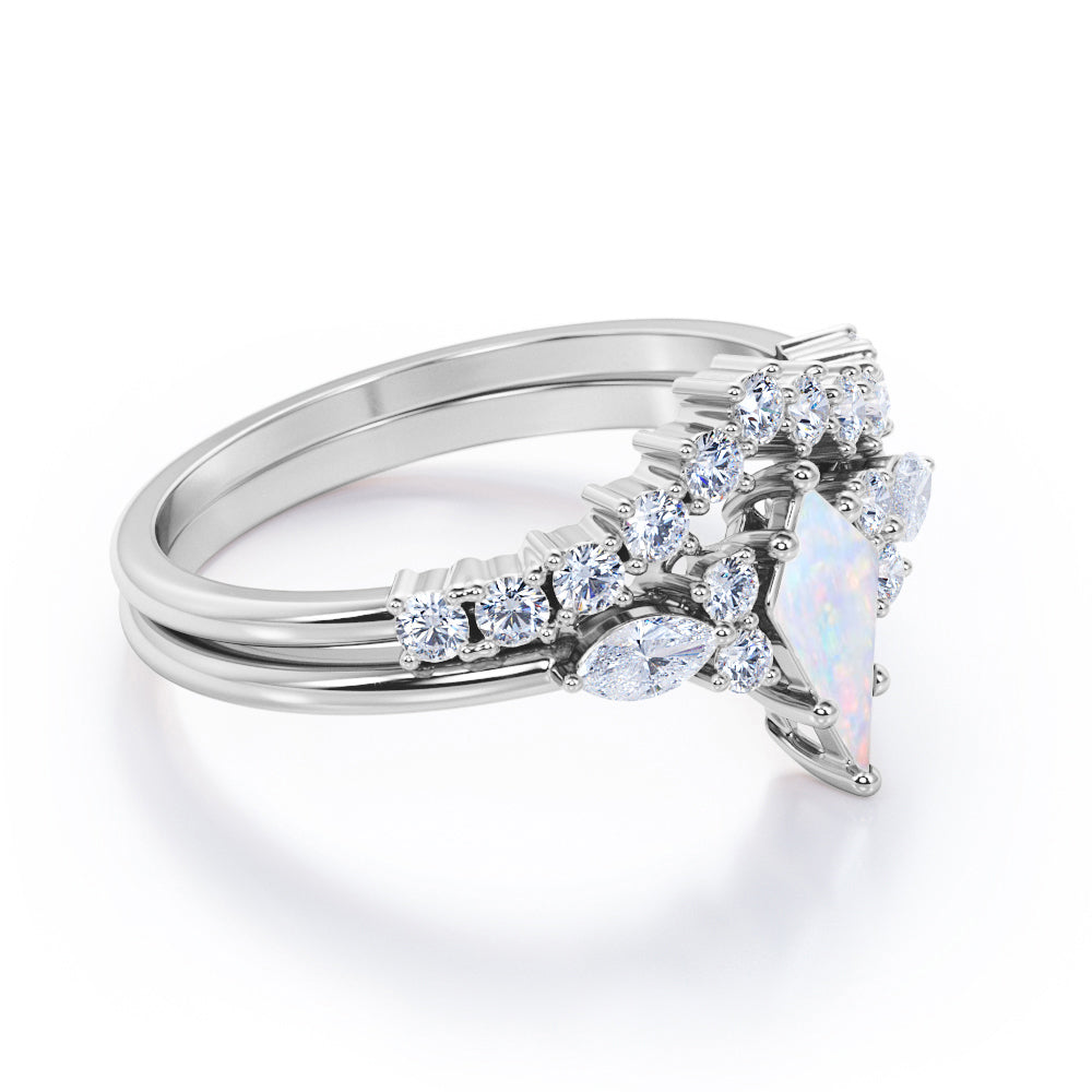 Contoured Bar set 1.2 carat Kite shaped Opal and diamond art deco inspired wedding ring set in White gold