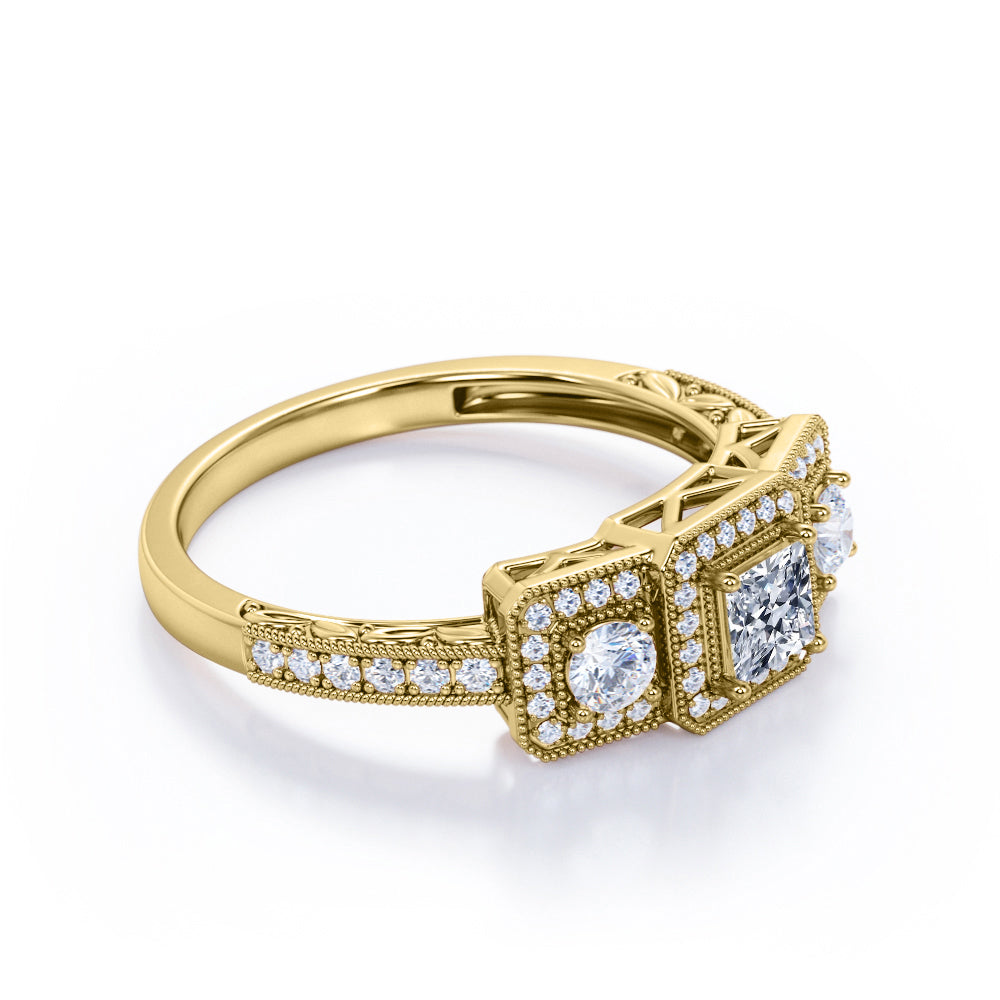 Grandiose three stone 1.55 carat Princess cut Moissanite and diamond vintage art deco Bridal set in White gold