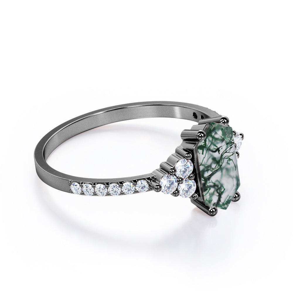 Modern Art deco 1.35 carat Hexagon cut Moss Green Agate and diamond pave setting engagement ring in White gold