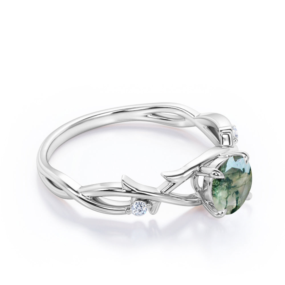 Nature inspired 1 carat Round cut Moss Green Agate and diamond claw prong setting engagement ring in Rose gold