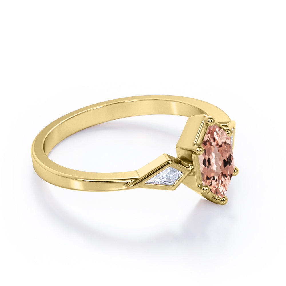 Intricate three stone 1.1 carat Hexagon shaped Morganite and kite diamond engagement ring in White gold