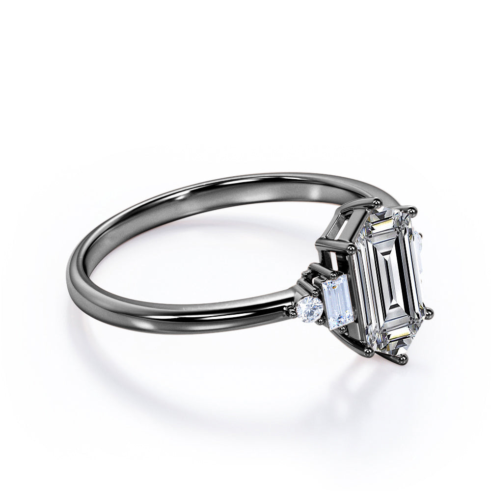Unique 5 stone 1.1 carat Hexagonal Moissanite and diamonds engagement ring in White gold