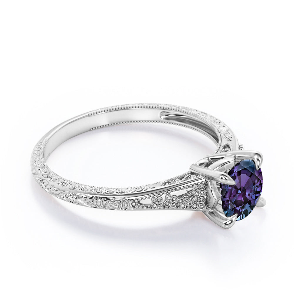 Floral Shank 1 carat Round cut Lab created Alexandrite solitaire engagement ring in Rose gold