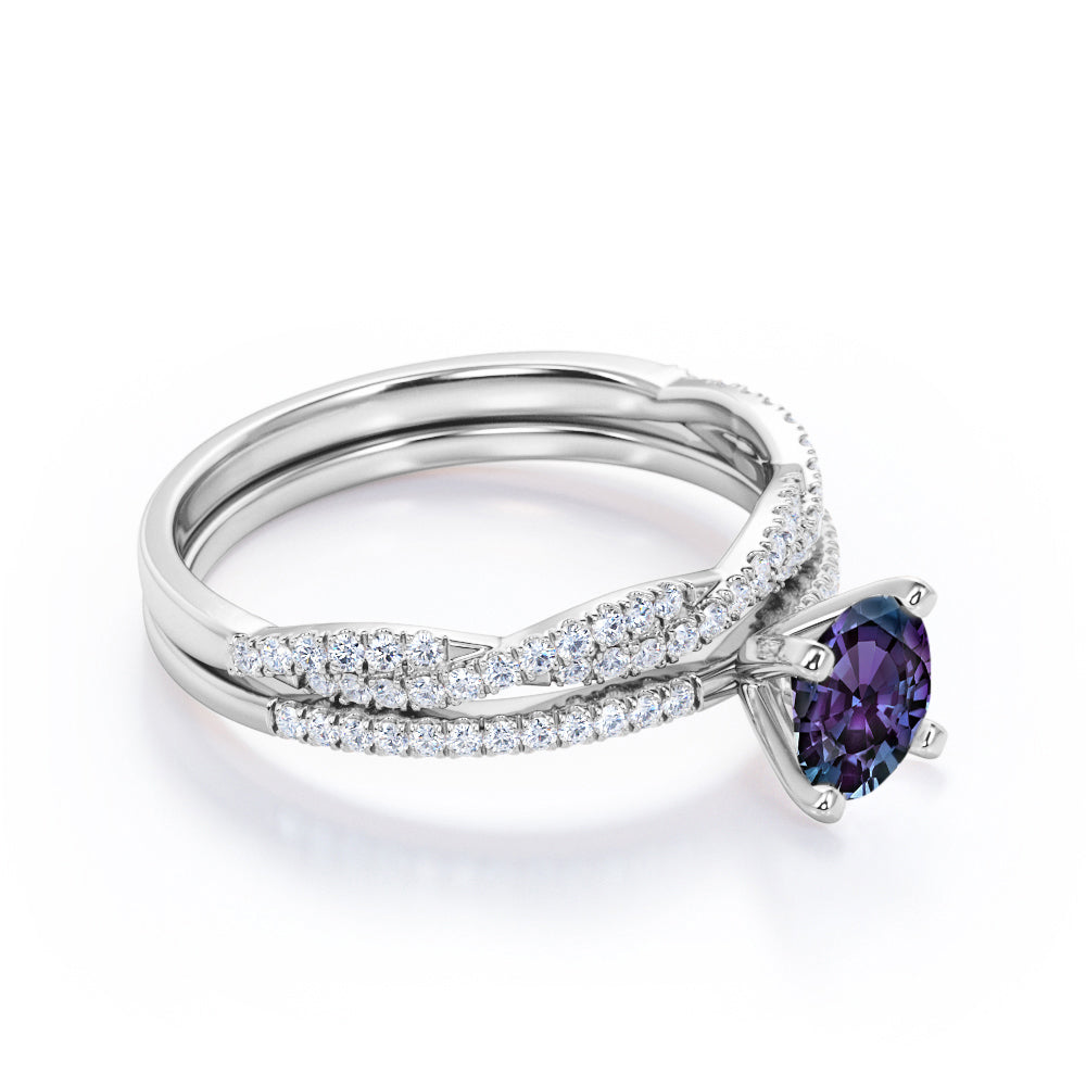 Classic 4 prong 1.5 carat Round cut Synthetic Alexandrite and diamond half-infinity Bridal set for her in White gold- Wedding ring set