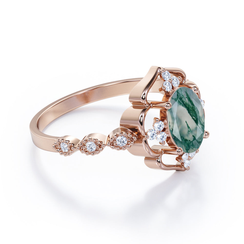 Eccentric Halo 1.25 carat Oval cut Moss Green Agate and diamond floral inspired engagement ring in White gold