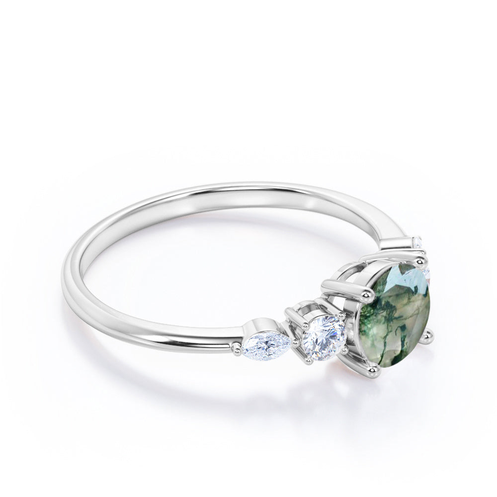 Artistic Prong basket 1.1 carat Round cut Moss Green Agate and diamond 5 stone engagement ring in Rose gold