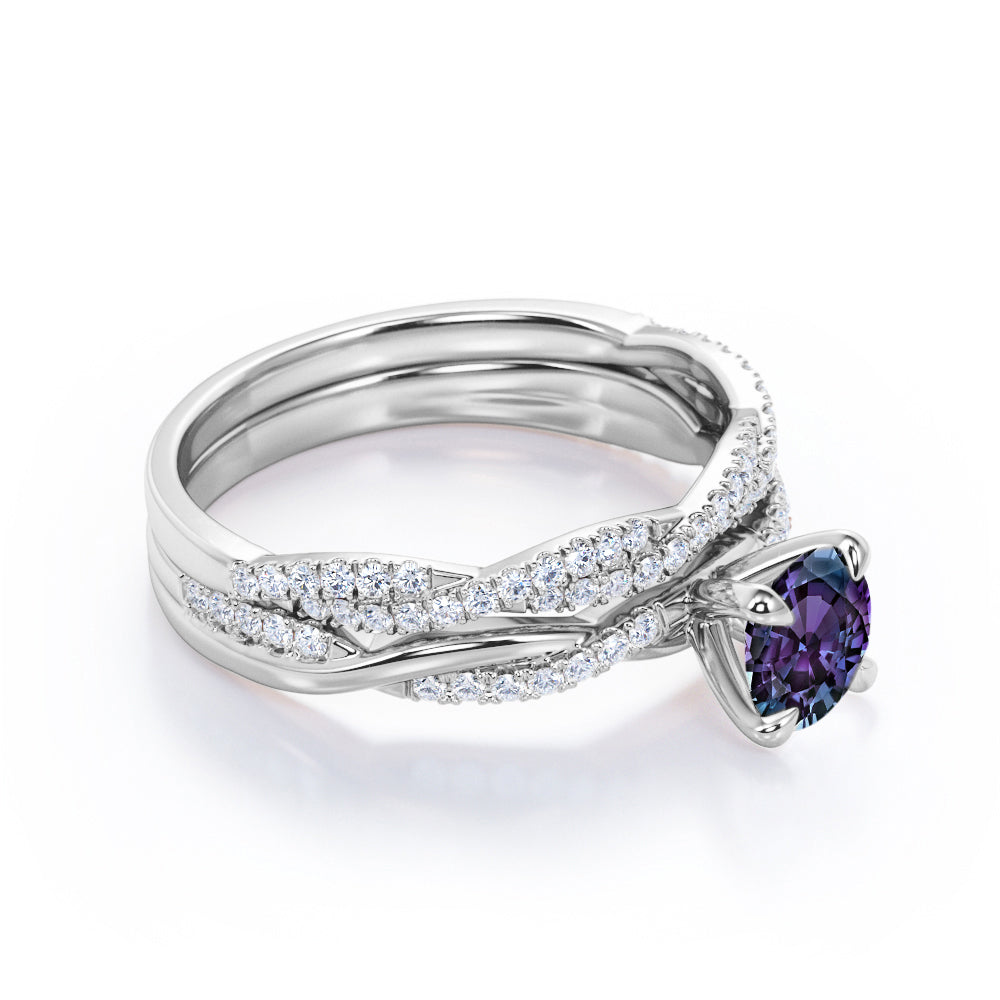 Simple Infinity twist 1.5 carat round cut Alexandrite and diamond 4 prong setting wedding ring set of her