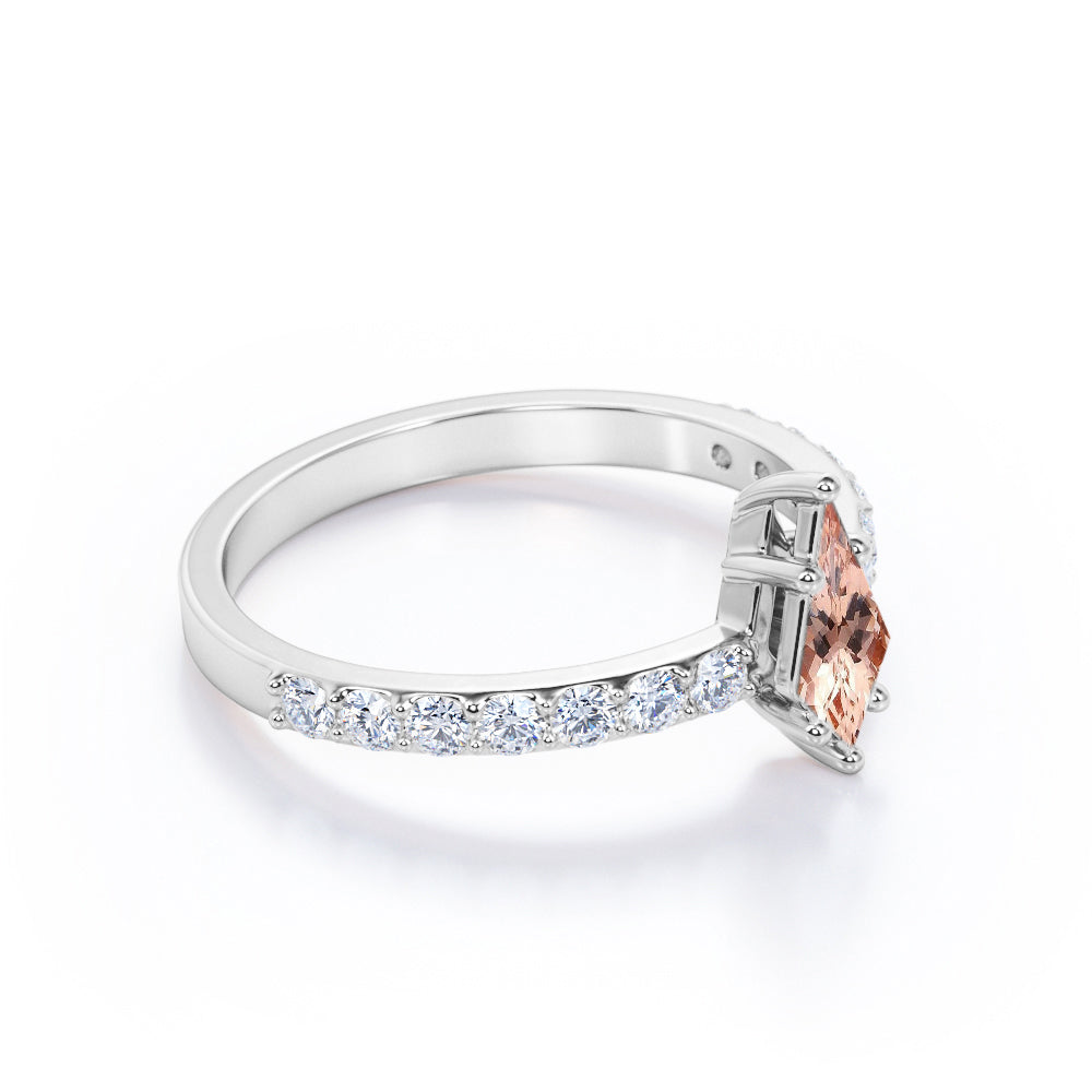 Modern Pave 1.25 carat Kite shaped Pink Morganite and diamond prong style promise ring in Rose gold