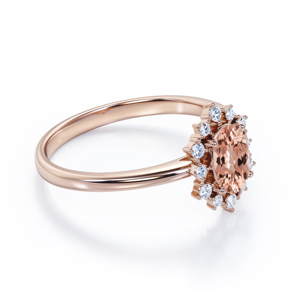 Snowflake Cluster 1.25 carat Oval Morganite and diamond prong style engagement ring in White gold