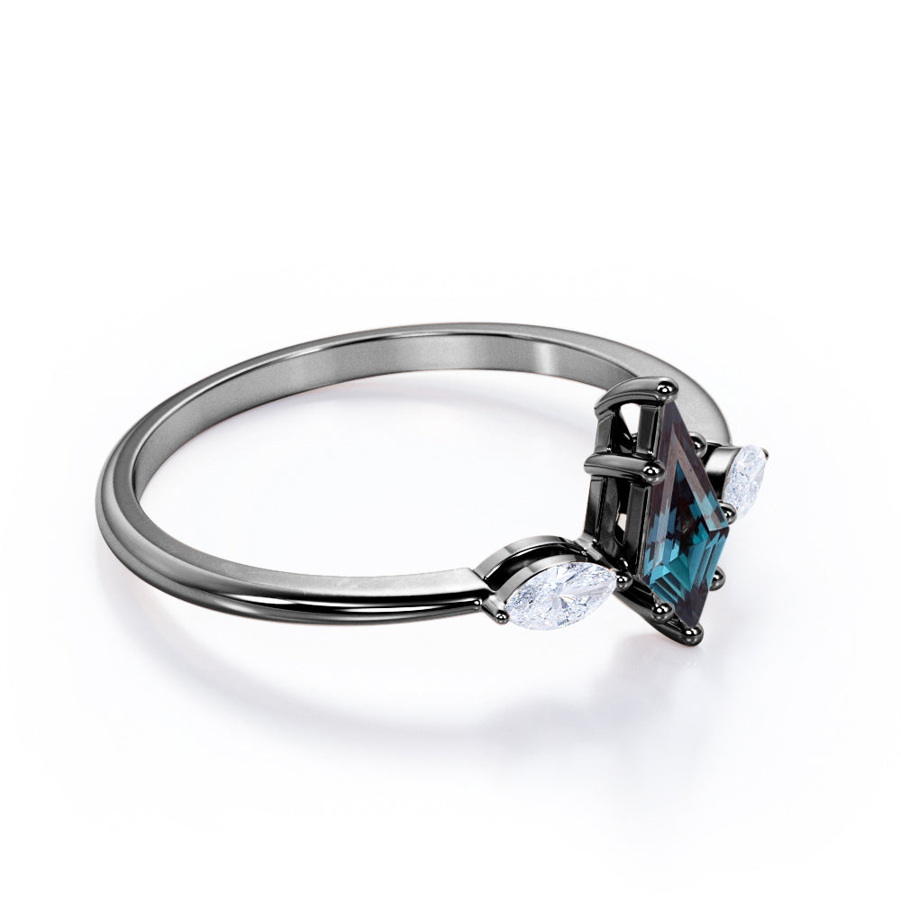 Unique trilogy 1.1 carat Kite shaped Lab created Alexandrite and diamond 6 prong engagement ring in Rose gold