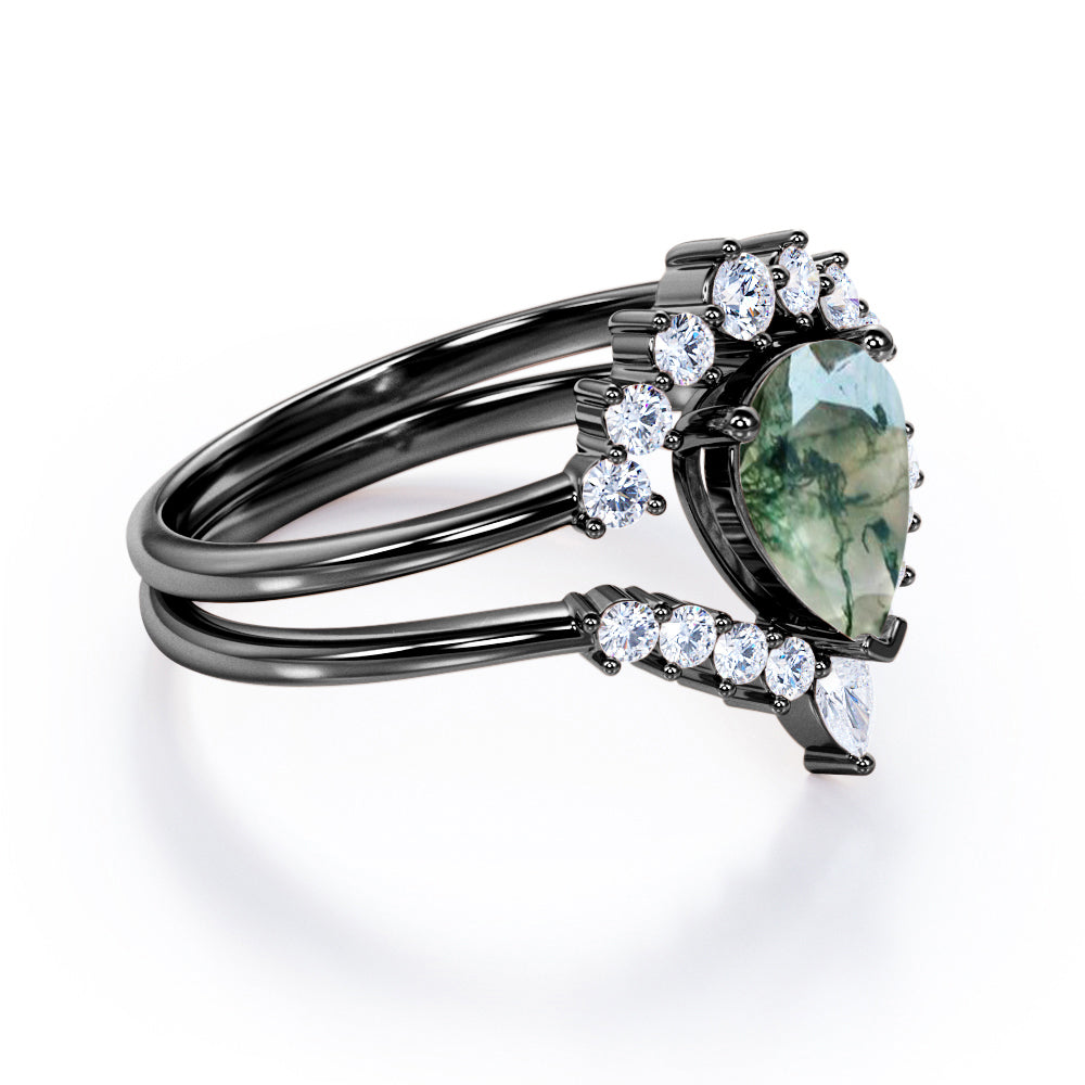 Vintage Crown inspired 1.25 carat Pear cut Moss Green Agate and diamond art deco Bridal set for women in Rose gold