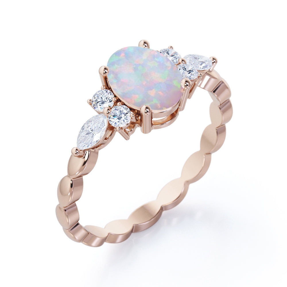 Scalloped 1.35 carat Oval cut Australian Opal and diamond 4 prong engagement ring for her in White gold
