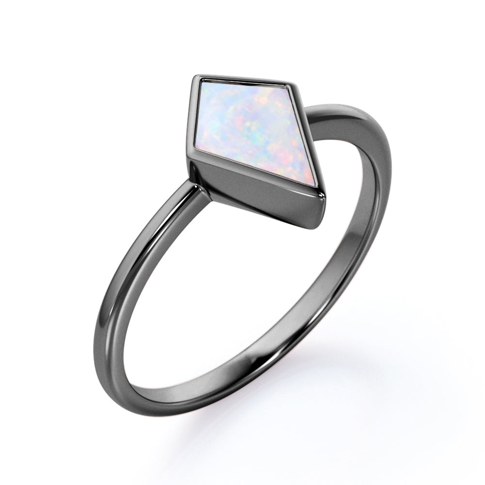 Solitaire Bezel 1 carat Kite shaped Ethiopian Welo Opal tapered shank engagement ring in Rose gold