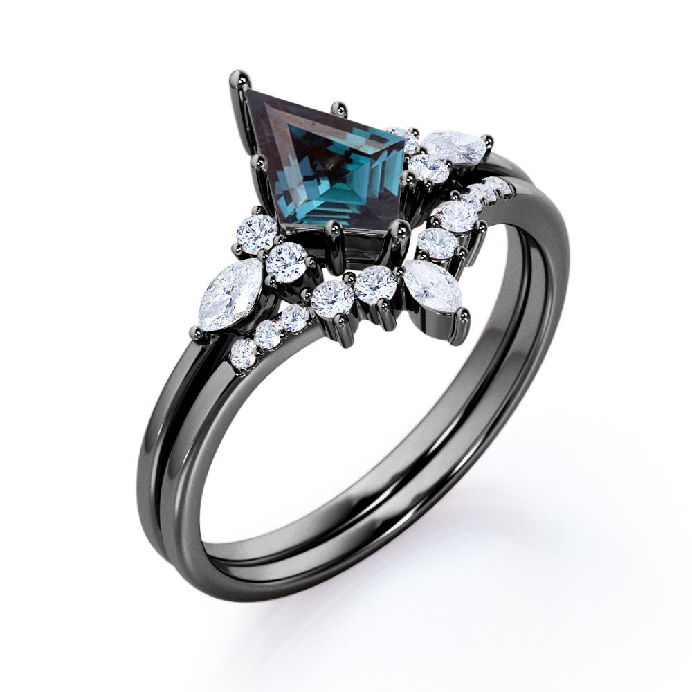 Artdeco 1.25 carat Kite shaped Synthetic Alexandrite and diamond crown tiara inspired wedding ring set in Rose gold