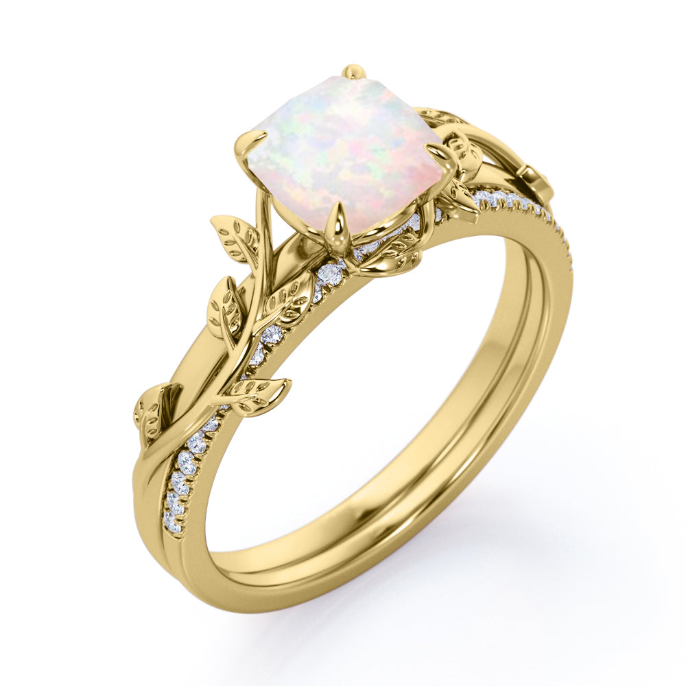 Dainty Vine 1 carat Cushion shaped Fire Opal and diamond wedding Bridal ring set for women