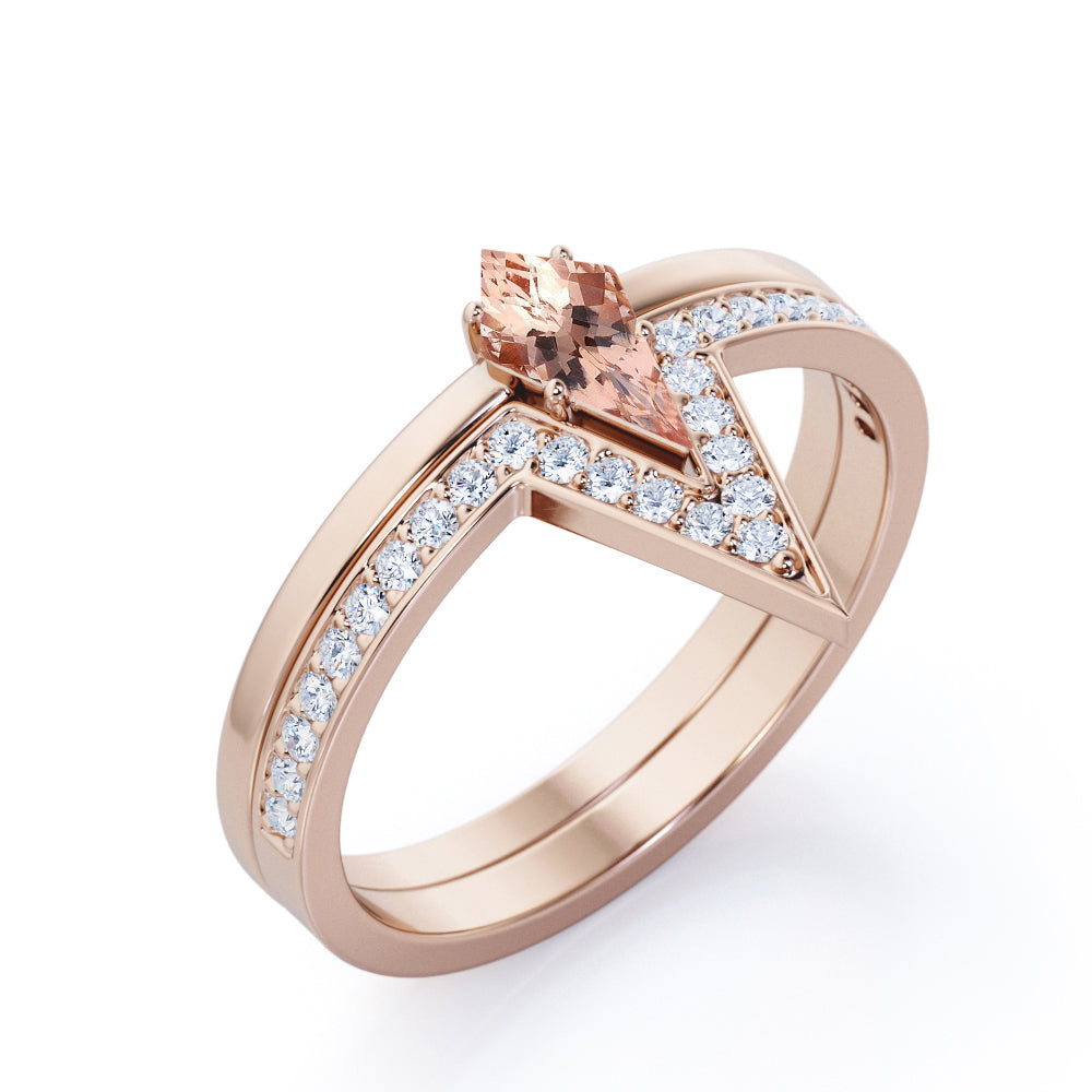 Modern Solitaire 1.25 carat Kite shaped Pink Morganite and diamond 4 prong wedding ring set in White gold