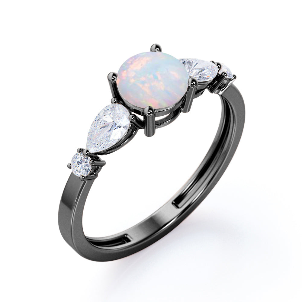 Eccentric 1.25 carat Round cut Ethiopian Opal and marquise and dot diamond engagement ring in Rose gold