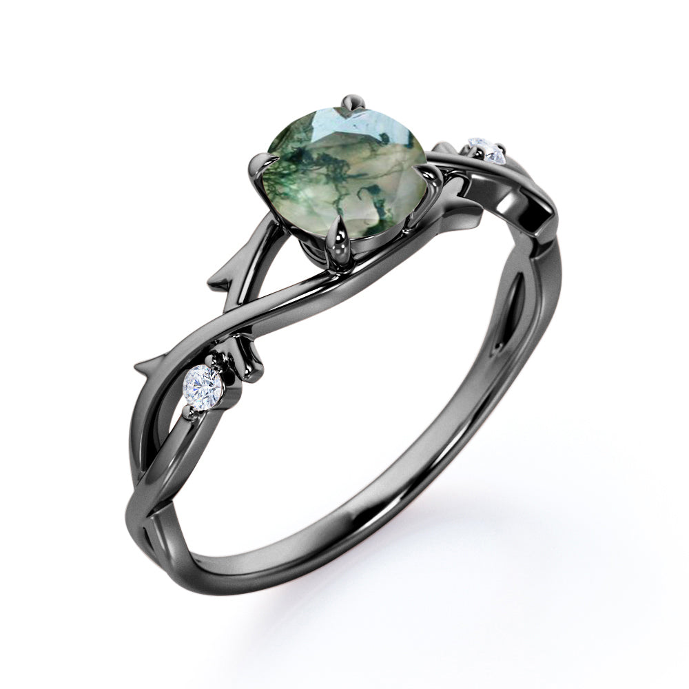 Nature inspired 1 carat Round cut Moss Green Agate and diamond claw prong setting engagement ring in Rose gold