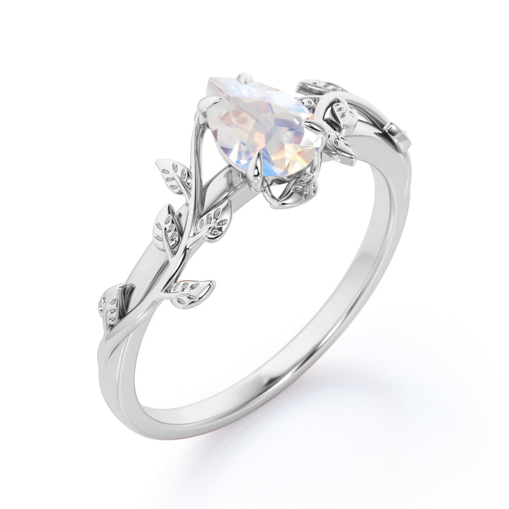 Vine leaf inspired 1 carat Pear cut Moonstone Almond shape Engagement ring for her - Anniversary ring