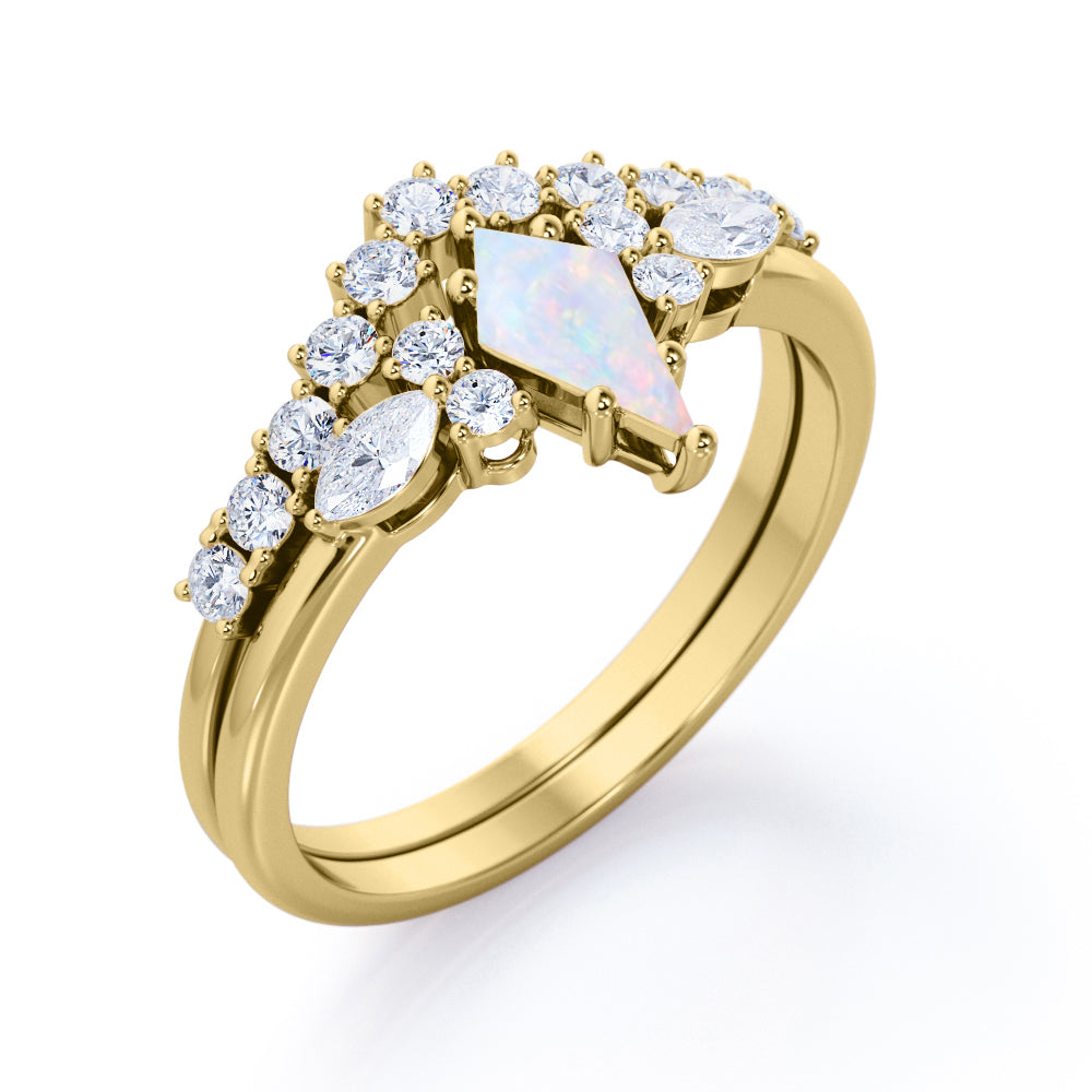 Contoured Bar set 1.2 carat Kite shaped Opal and diamond art deco inspired wedding ring set in White gold