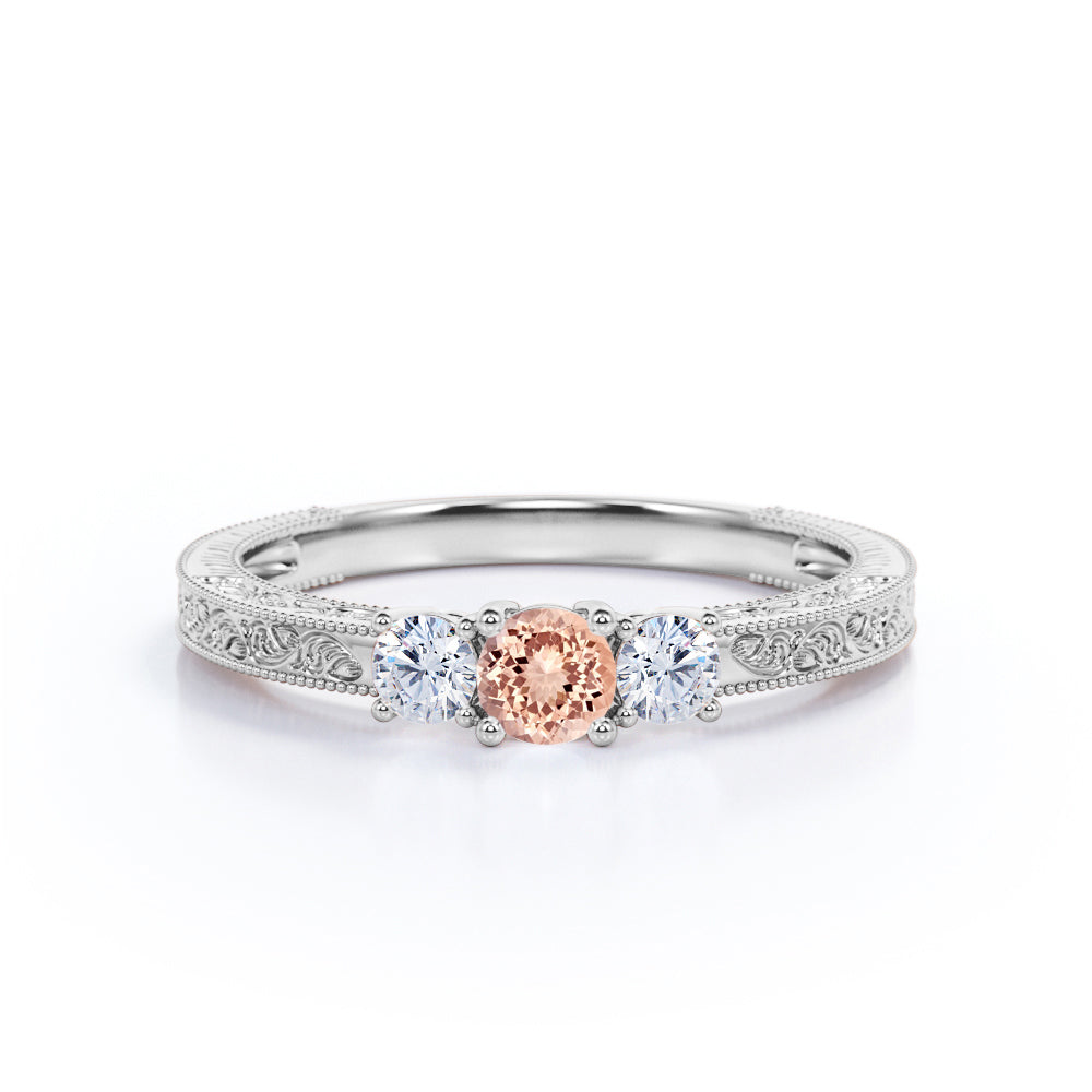 Vintage Milgrain 1.1 carat Round cut Peach Morganite and diamond victorian filigree - three stone engagement ring in White gold
