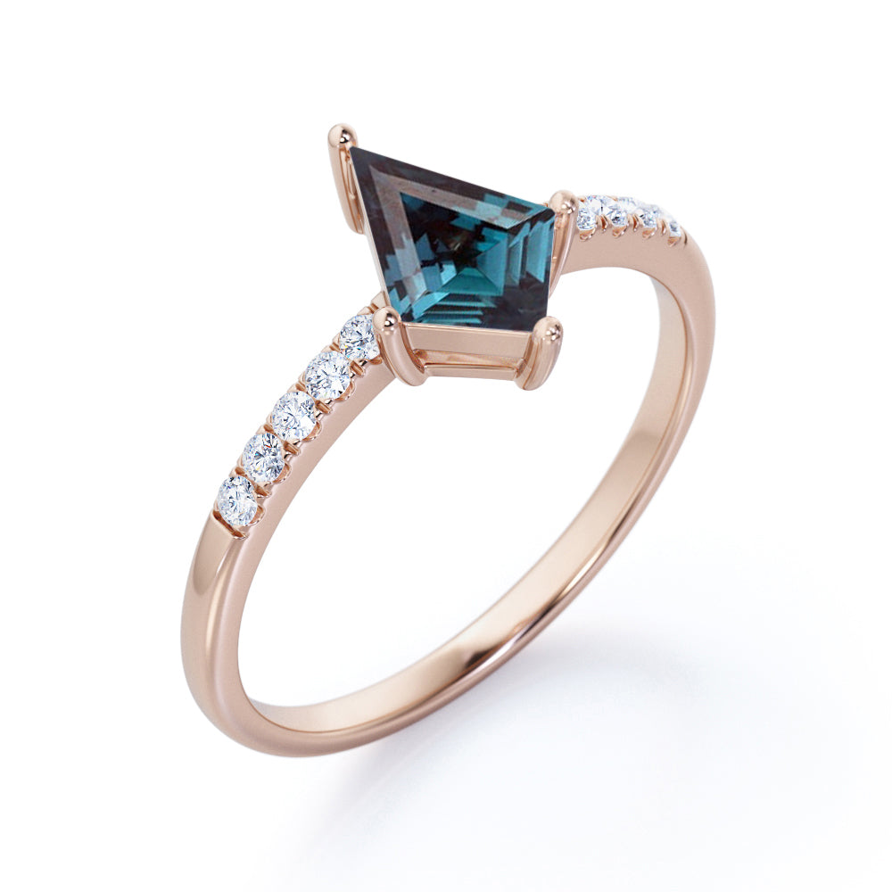 Pave set 1.15 carat Kite shaped Alexandrite and diamond classic vintage engagement ring in Rose gold