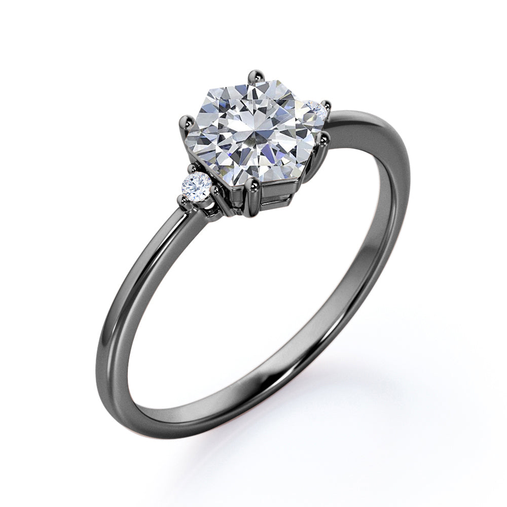 Triple stone 1 carat Hexagon cut Moissanite and diamond engagement ring in White gold