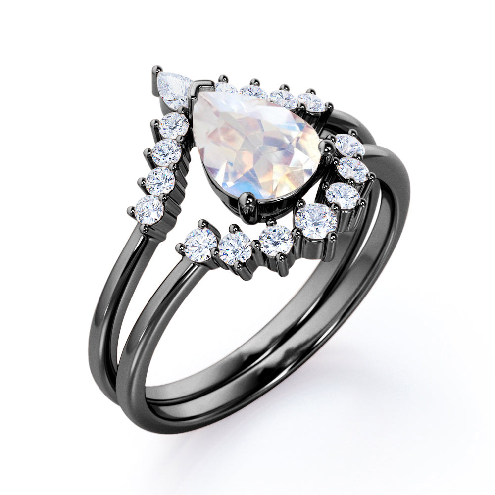 Artisan 1.45 carat Brilliant Pear Blue Moonstone and diamond contoured wedding ring set for women in Rose gold