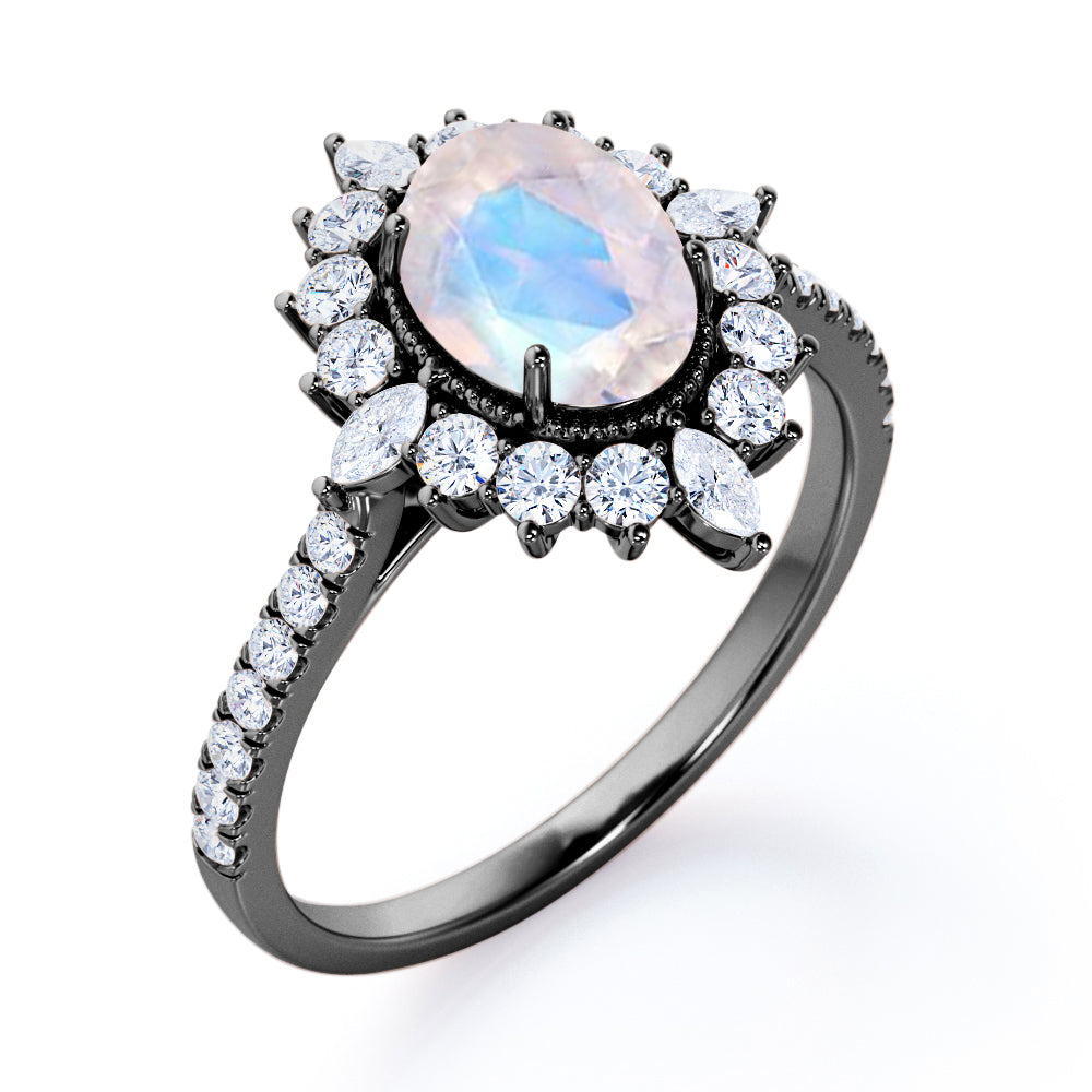 Huge Clustered Halo 1.5 carat Oval cut Moonstone and diamond Beaded eternity engagement ring in Rose gold