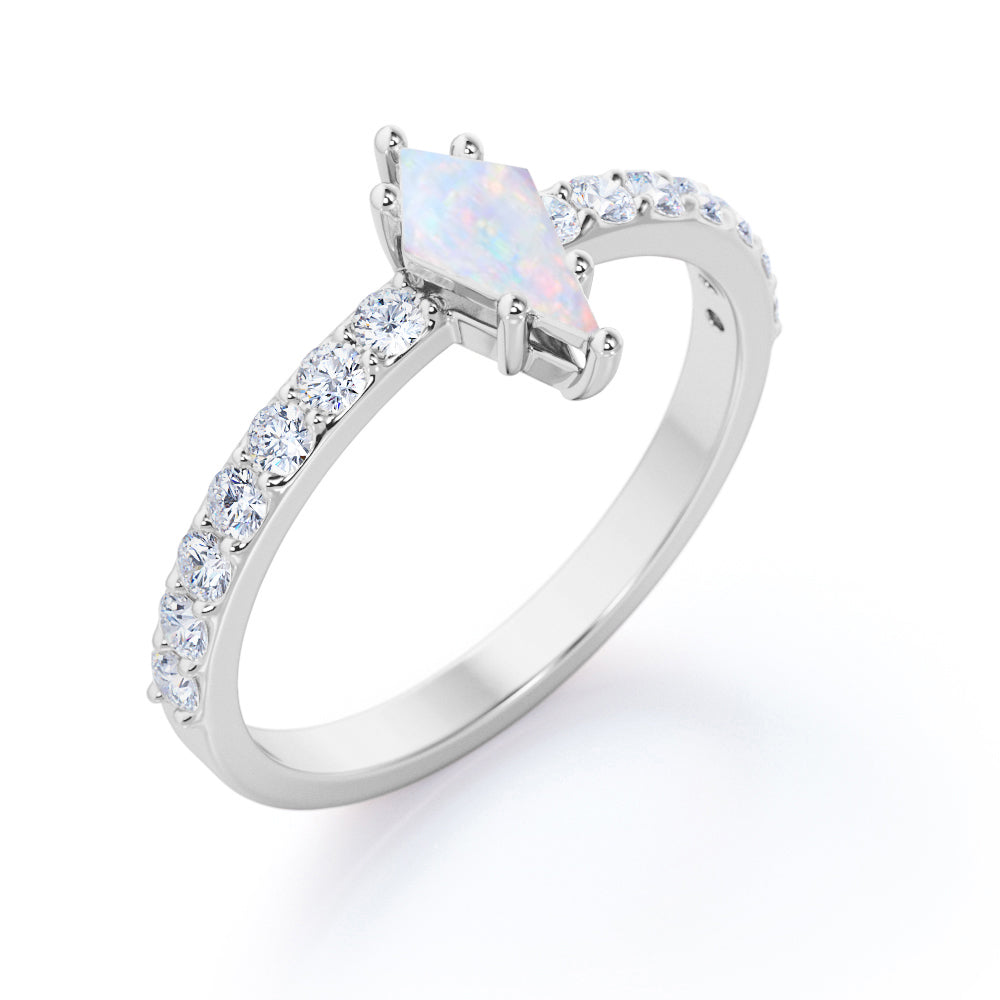 Delicate Pave set 1.15 carat Kite shape Ethiopian Opal and diamond vintage inspired engagement ring in Rose gold