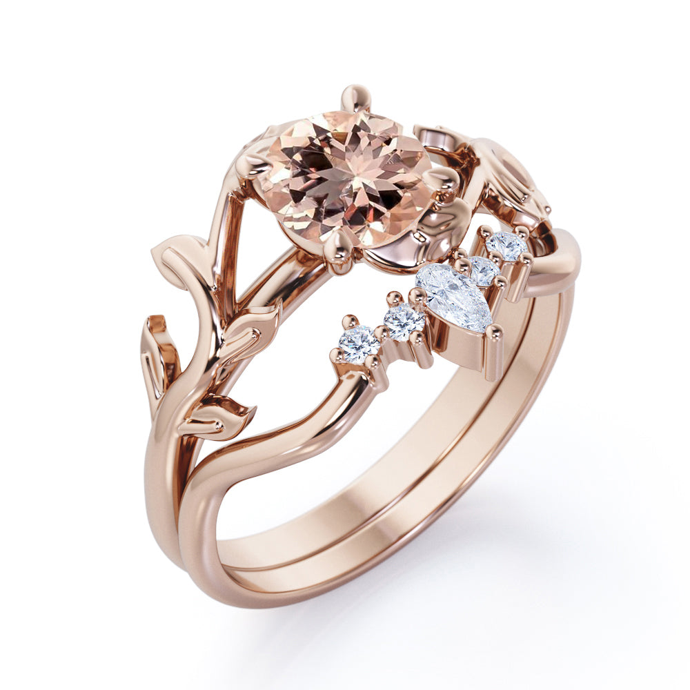 Chevron Tiara 1.1 carat Round cut Peach Morganite and diamond nature inspired wedding ring set for women in White gold