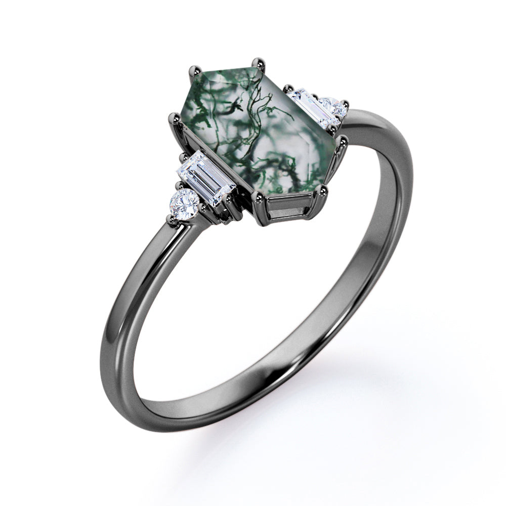 Eccentric 5 stones 1.1 carat Hexagon shaped Moss Green Agate and diamond anniversary ring in White gold