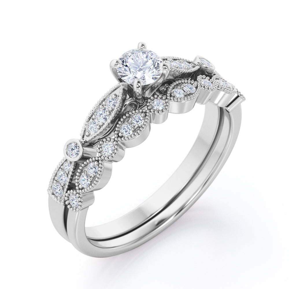 Vintage Inspired 0.5 carat round cut milgrain marquise and dot diamond wedding ring set in white gold