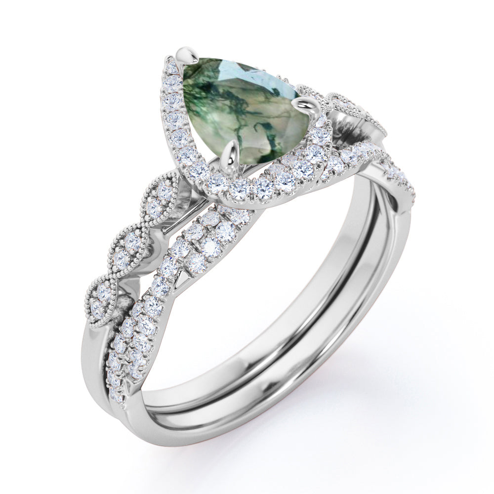 Eccentric Milgrain round 1.75 carat Pear cut Moss Green Agate and diamond Infinity Vintage Bridal ring set in White gold