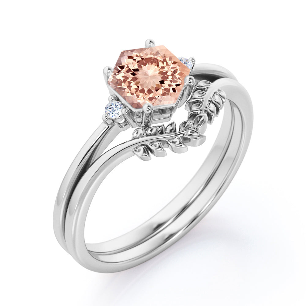 Quadrilateral Chevron 0.55 carat Hexagon Morganite and diamond floral contoured wedding ring set in Black gold