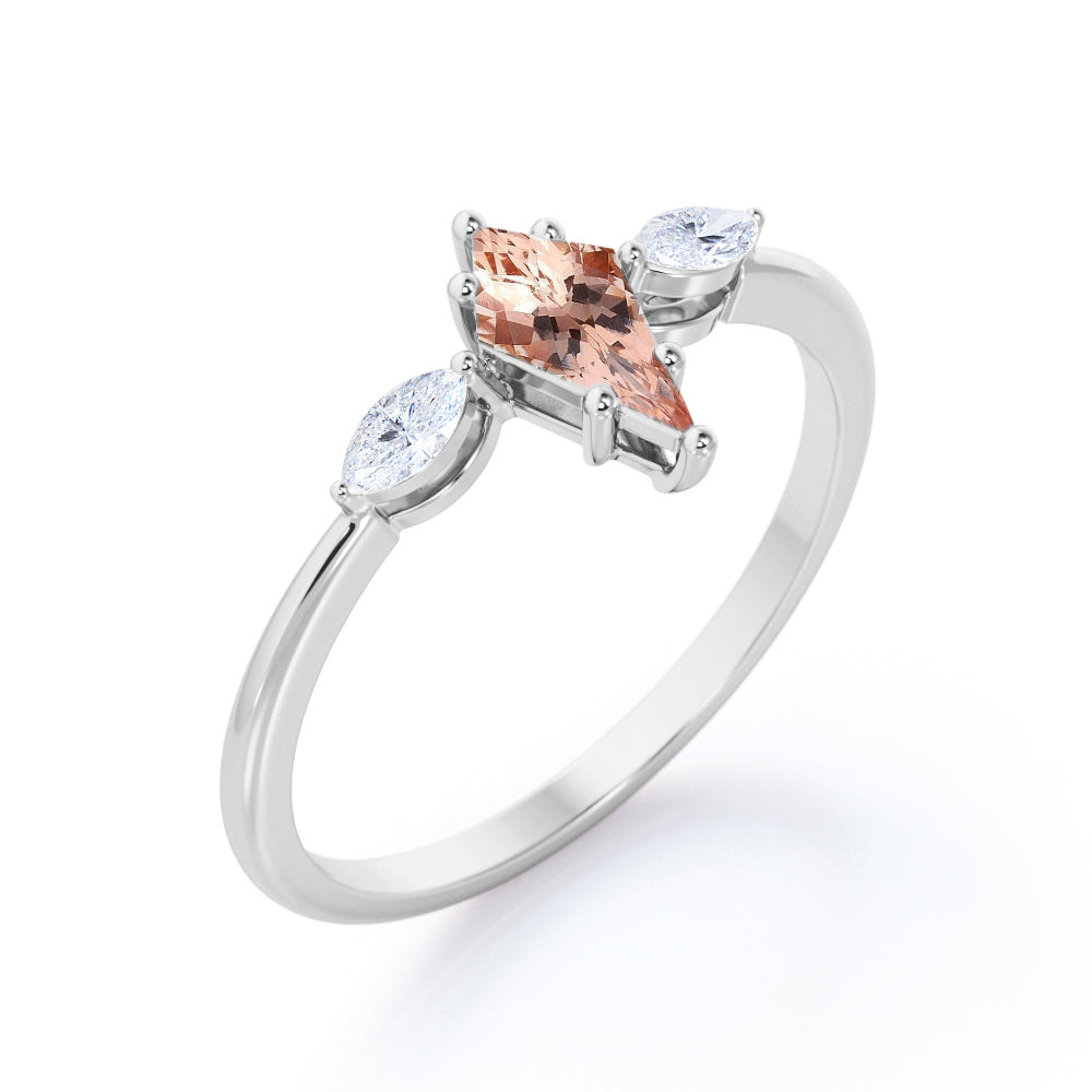 Minimal trilogy 1.1 carat Kite shaped Peach Pink Morganite and diamond engagement ring for women in Rose gold